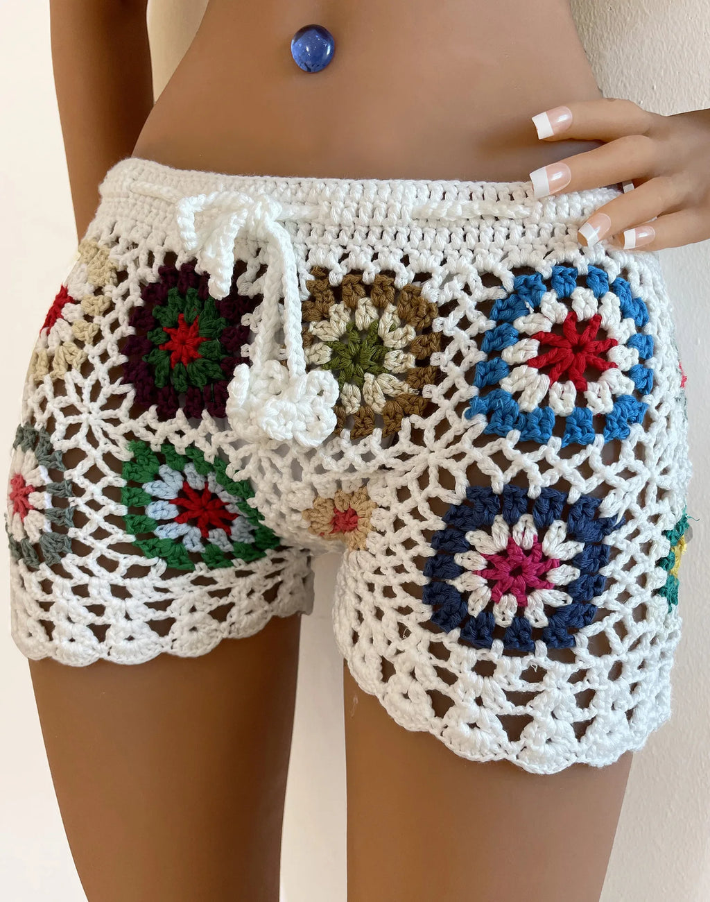 Factory Women Granny Square Crochet Beach Shorts Bottoms Cover up Waist Tie