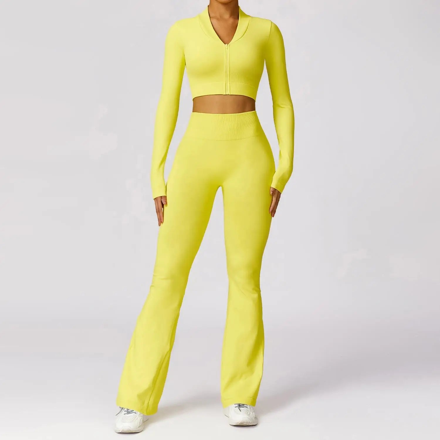 Hot Selling 2024 Women's Compression Stretchy Seamless Scrunch Back Flare Pants Jacket Set Lightweight Breathable Solid Pattern