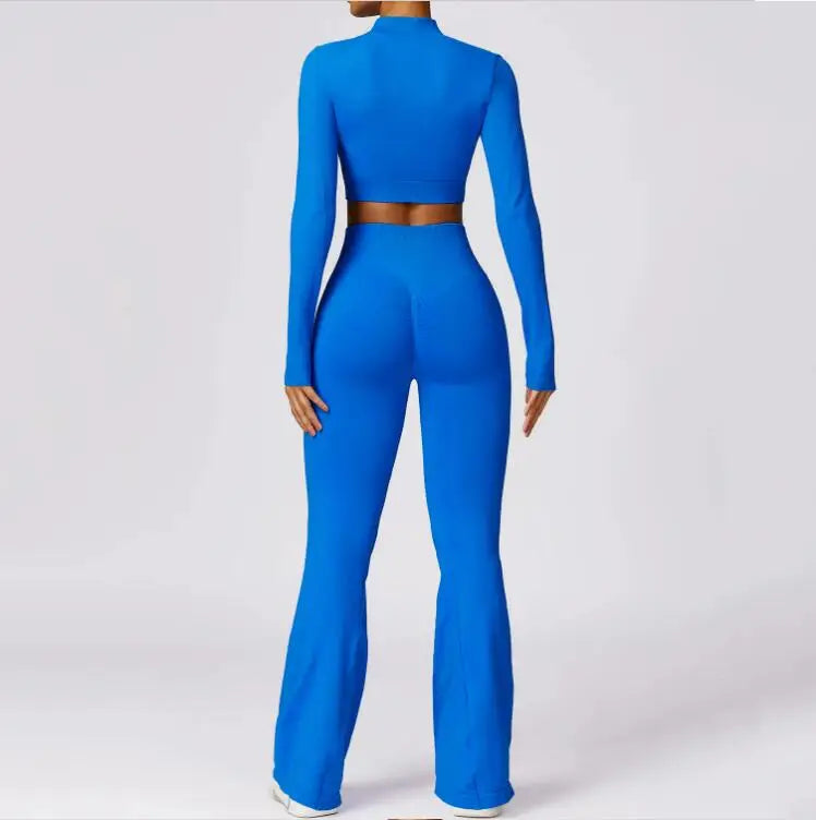 Hot Selling 2024 Women's Compression Stretchy Seamless Scrunch Back Flare Pants Jacket Set Lightweight Breathable Solid Pattern