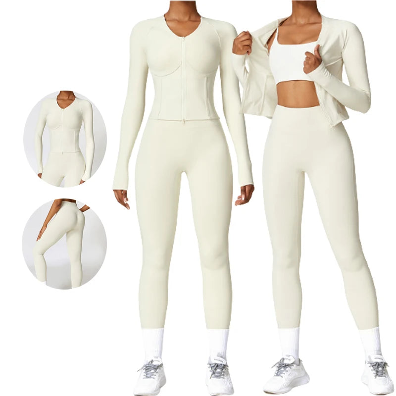 Wholesale Yoke Knitted High Stretch Yoga 2-Piece Set Slimming Fit Long Sleeve Leggings with Zipper & Breathable Neck Crop Top