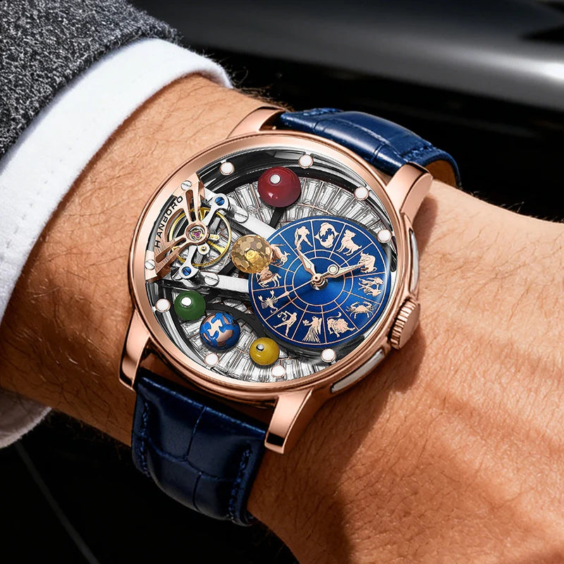 New the Twelve Zodiac Signs Hollow Men's Mechanical Watch  Solar System Elements Planetary Personality Fashion Mechanical Watch