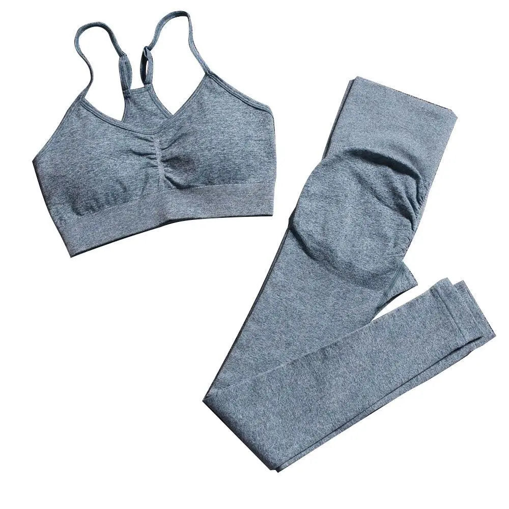 High Waist Seamless Yoga Set with Breathable Nylon Spandex Leggings and Sports Bra Solid Pattern