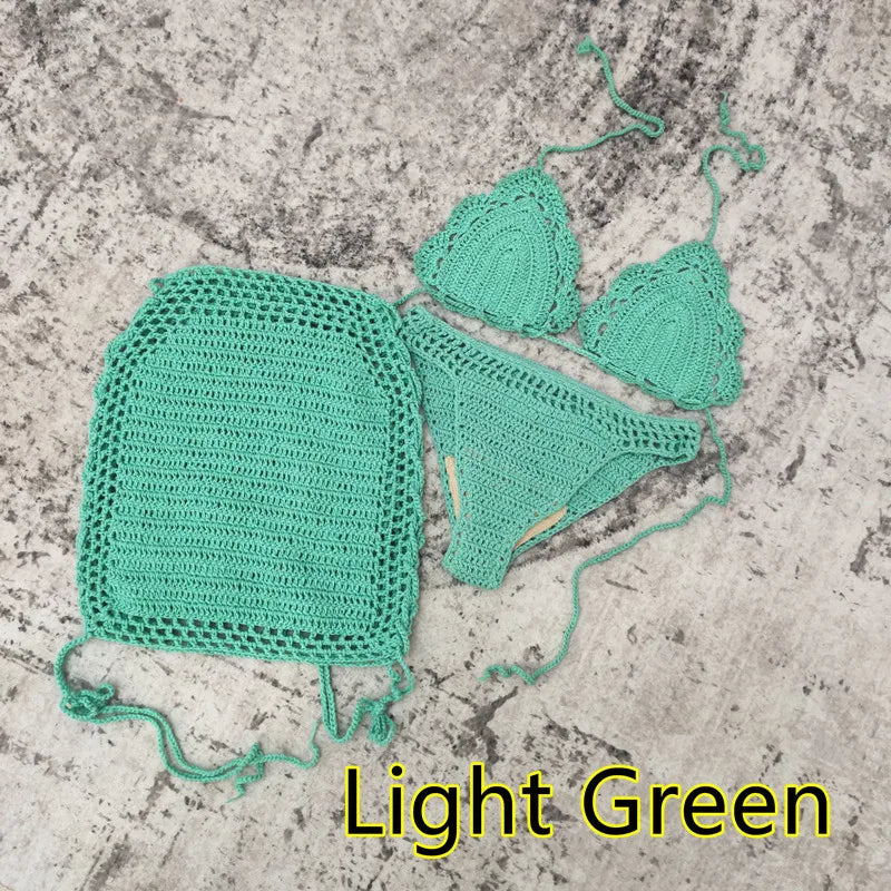 S19 Crochet Cover up Coverup 3-Piece Crochet Bikini Vacation Beach Mini Swimming Dress Swimsuit Swimwear