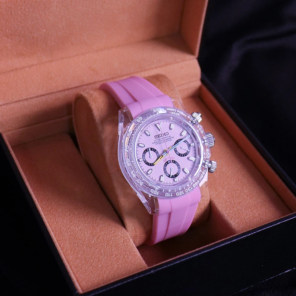 Best Selling Leisure Water Resistance Pink Rubber Strap Vk63 Vintage Japan Movement Quartz Watch