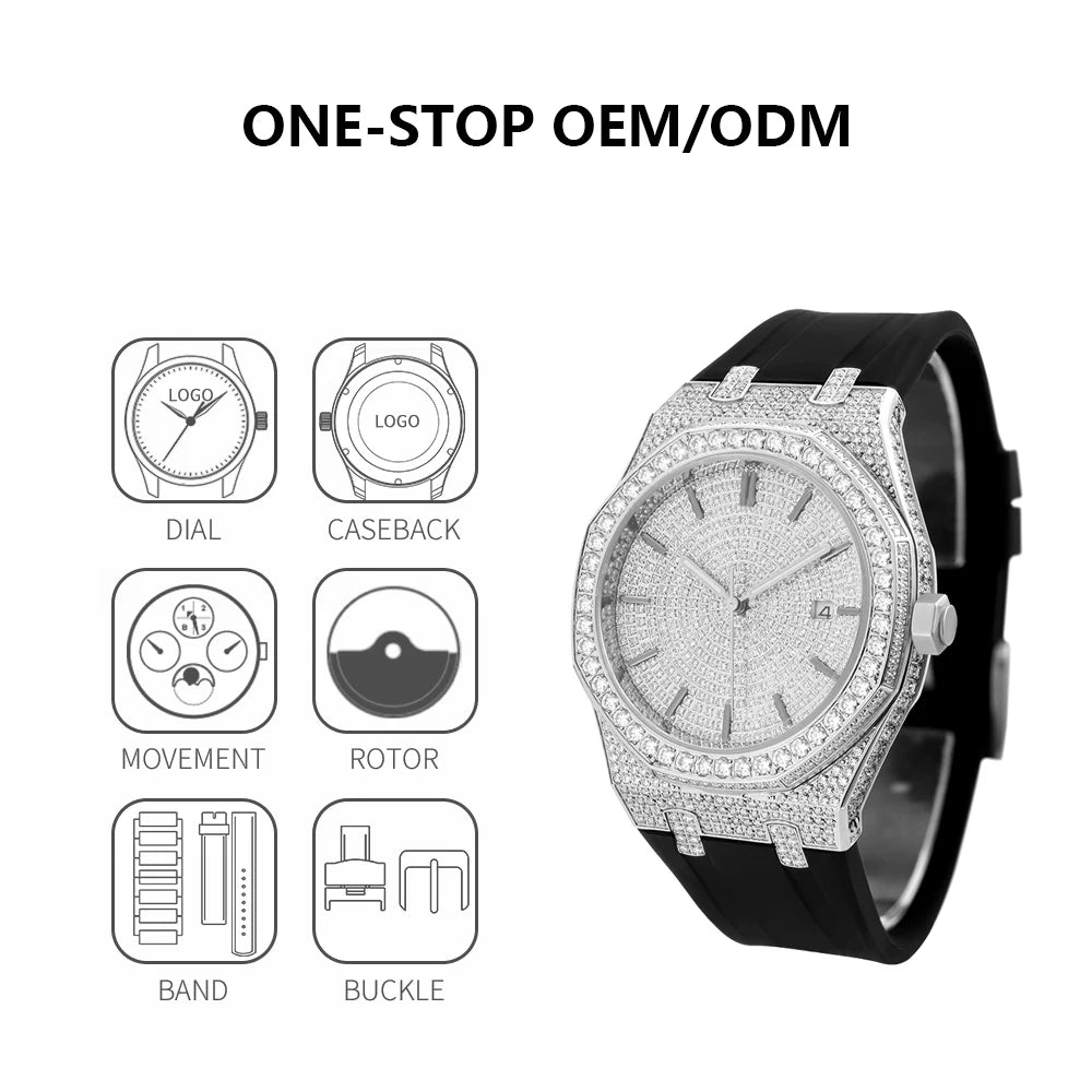 Hip Hop Diamond Watch Jewelry Square Bezel VVS Moissanite Watch Parts Customized Band Iced Out Logo Men Bust Down Watches ODM