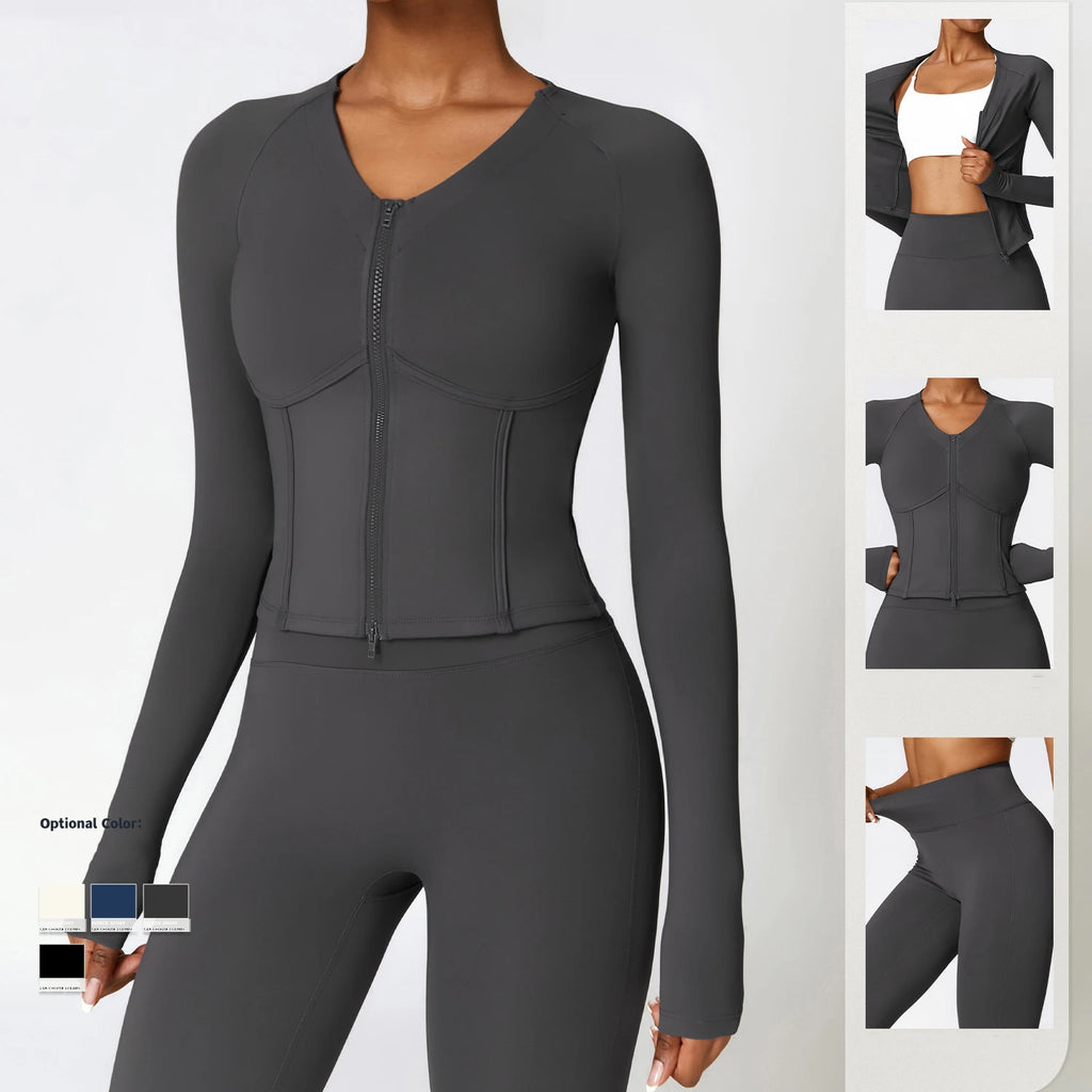 Wholesale Yoke Knitted High Stretch Yoga 2-Piece Set Slimming Fit Long Sleeve Leggings with Zipper & Breathable Neck Crop Top
