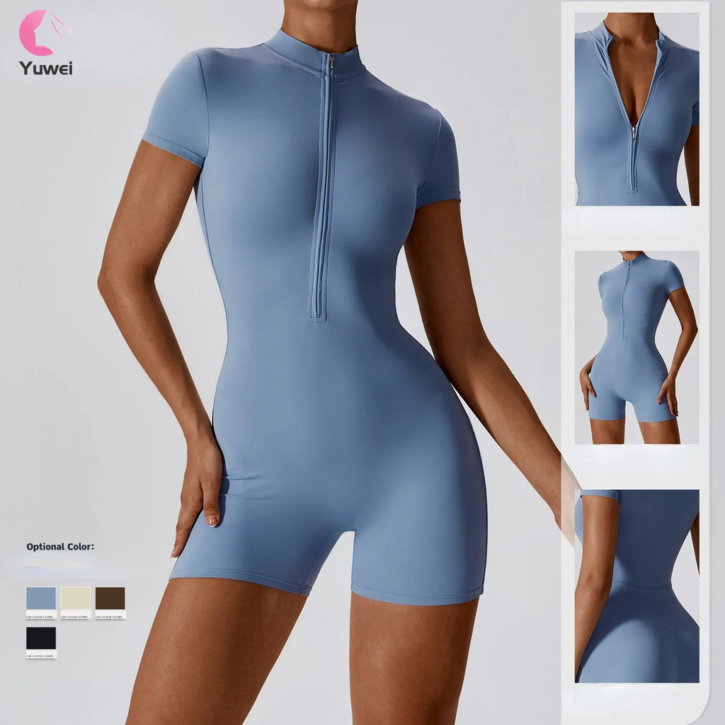 Women's Athletic Yoga Jumpsuit Short Sleeve Sports Romper with Workout Shorts Bodysuits for Fitness Exercise