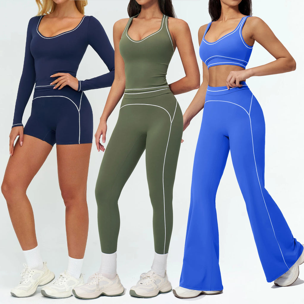 YIYI Wholesale Contrast Piping 3 Design Top Gym Fitness Sets Girl High Waist Athletic Set 6pcs Workout Suit Yoga Wear Sportswear