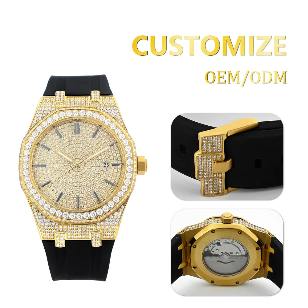 Hip Hop Diamond Watch Jewelry Square Bezel VVS Moissanite Watch Parts Customized Band Iced Out Logo Men Bust Down Watches ODM