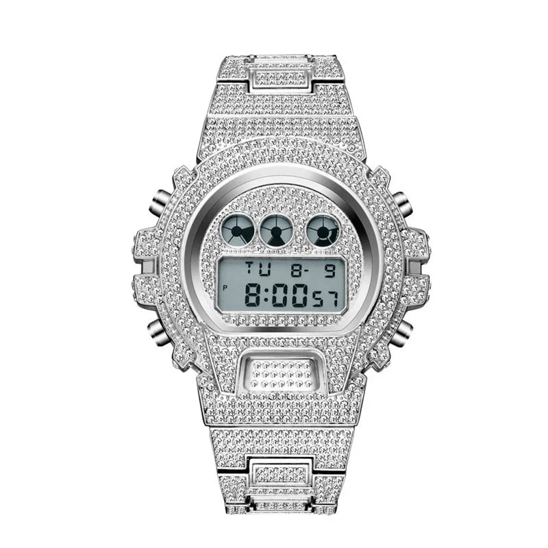 Multi Functional Fashion Electronic Watch Iced Out Watch for Men Luxury Diamond Watches Hip Hop Calendar Wristwatches 2025