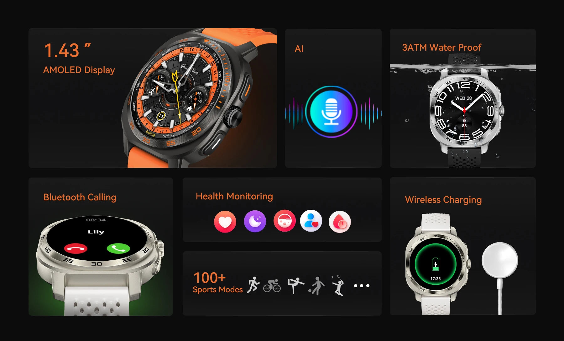 USA Stock Smart Watch AM32 AMOLED 1.43", 3ATM Waterproof, Sports Mode, Support for IOS, Android Mobile Phone Men's Smart Watch.