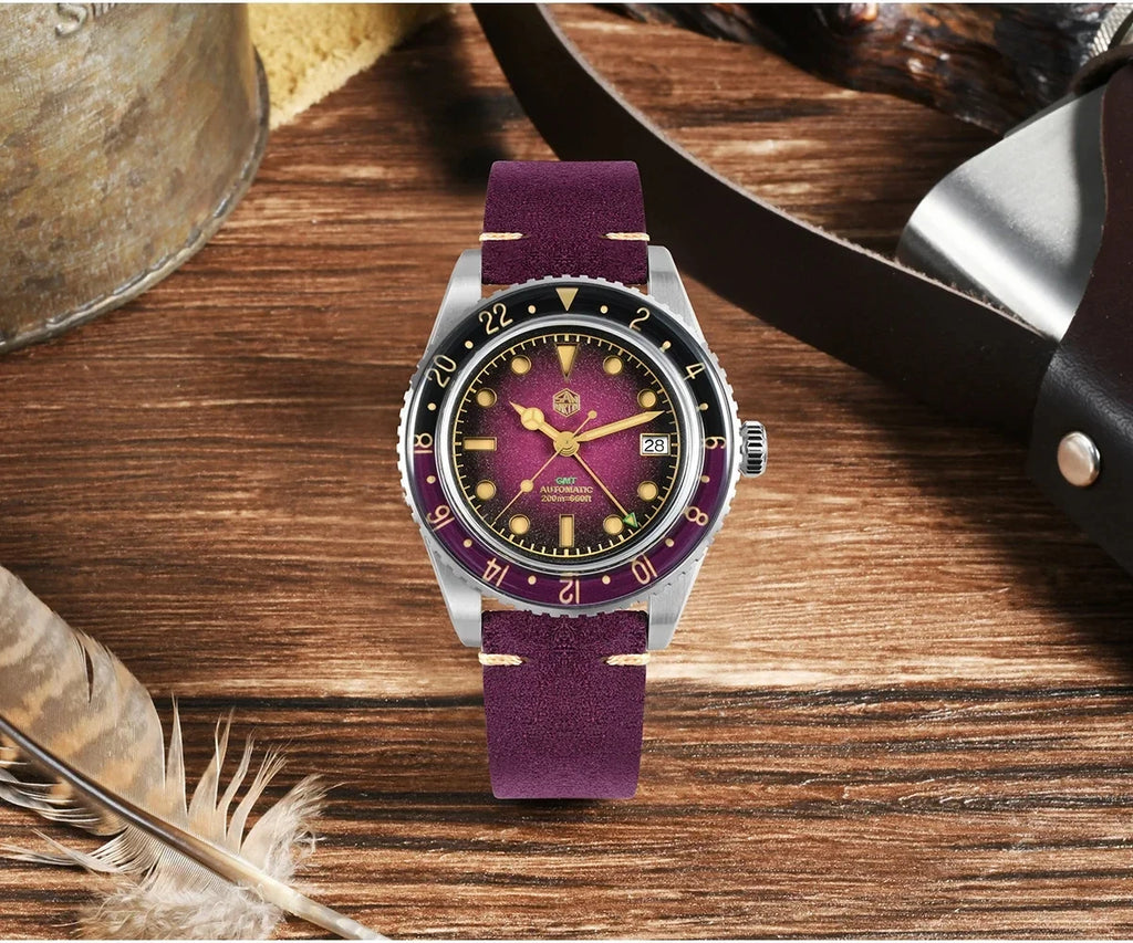 San Martin SN0134 40mm NH34 Retro Gradient Color Dial Men's GMT Watch Automatic Mechanical Sapphire Bezel 20Bar C3 Green