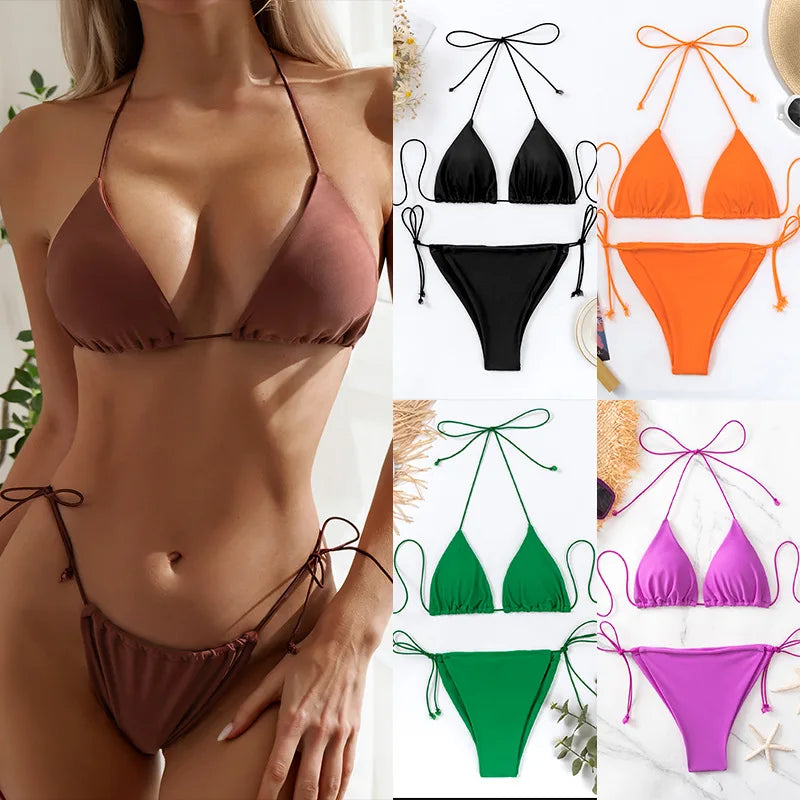 DYRX-Y1867 Eco Friendly Sexiness Swimwear Ladies Sexy Bikini Suit Solid Color Triangle Bikini Top Matching Color Bikini Sets