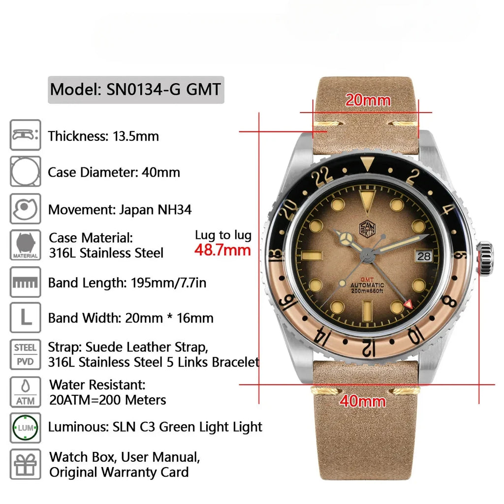 San Martin SN0134 40mm NH34 Retro Gradient Color Dial Men's GMT Watch Automatic Mechanical Sapphire Bezel 20Bar C3 Green