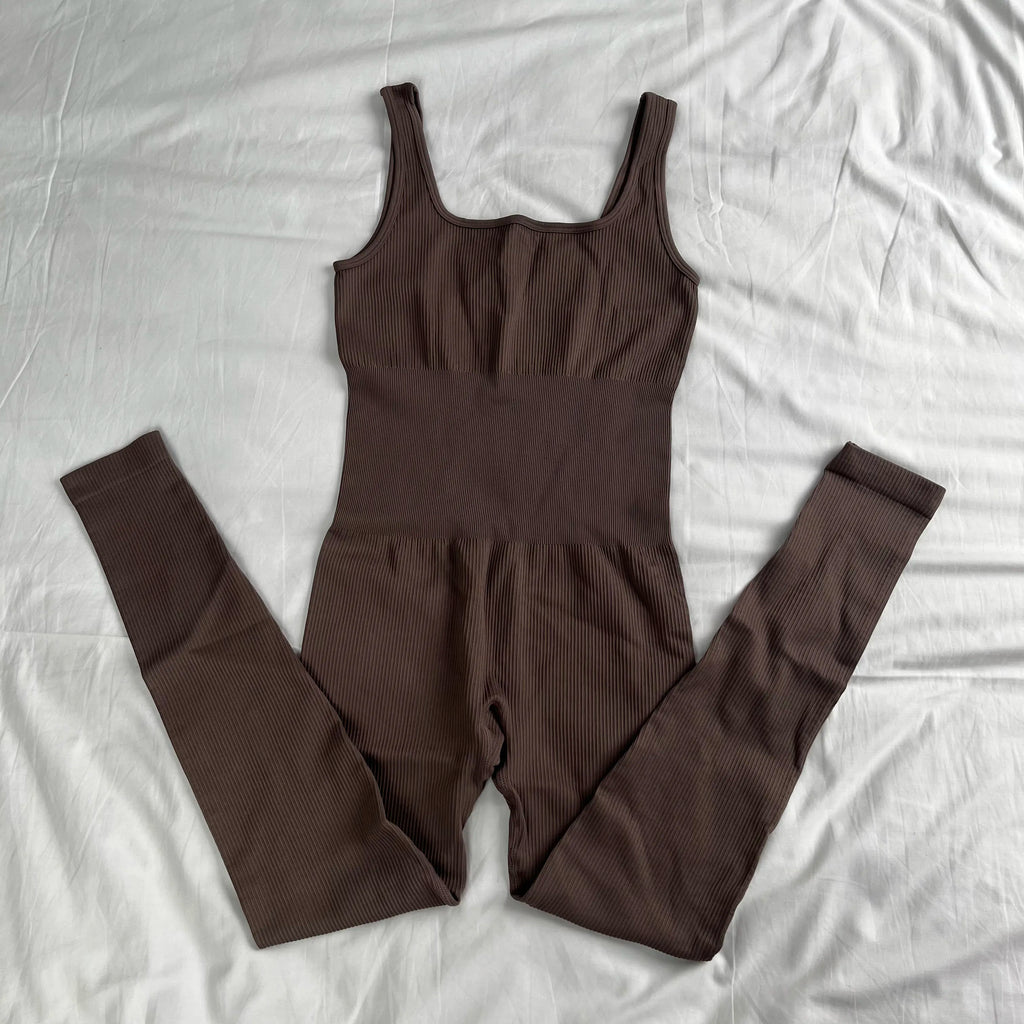 New Fabric High Quality Sexy U Neck Long Sleeve Bodycon High Stretch Ribbed Jumpsuit Women's Fitness Jumpsuit