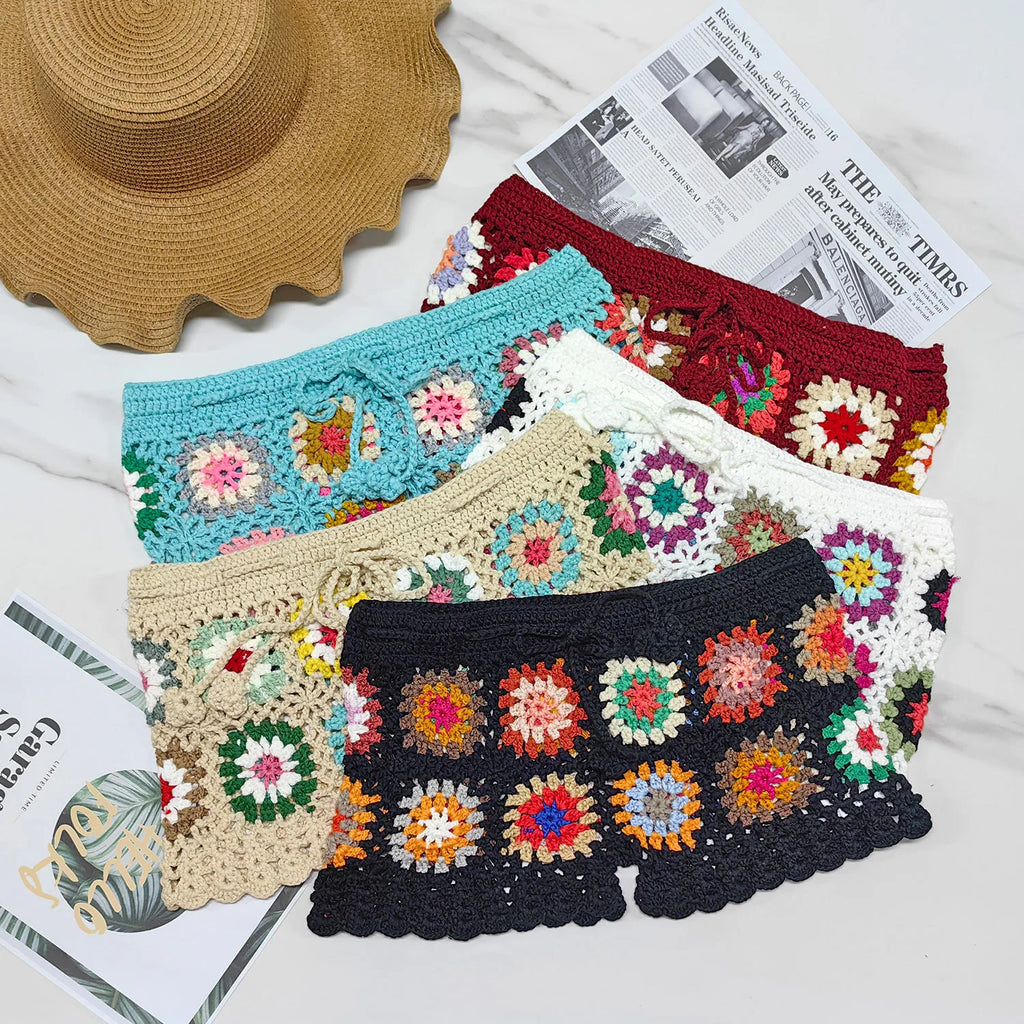 Factory Women Granny Square Crochet Beach Shorts Bottoms Cover up Waist Tie