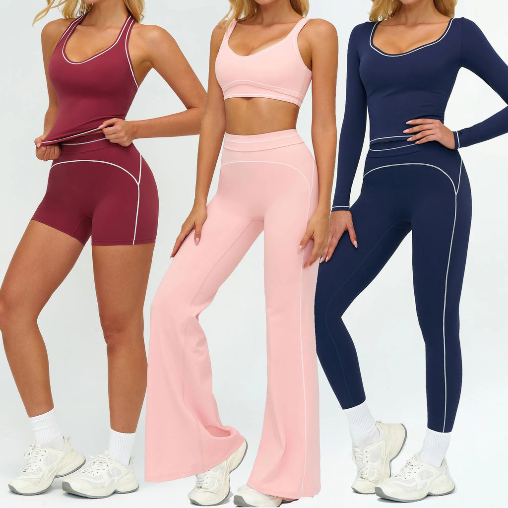 YIYI Wholesale Contrast Piping 3 Design Top Gym Fitness Sets Girl High Waist Athletic Set 6pcs Workout Suit Yoga Wear Sportswear