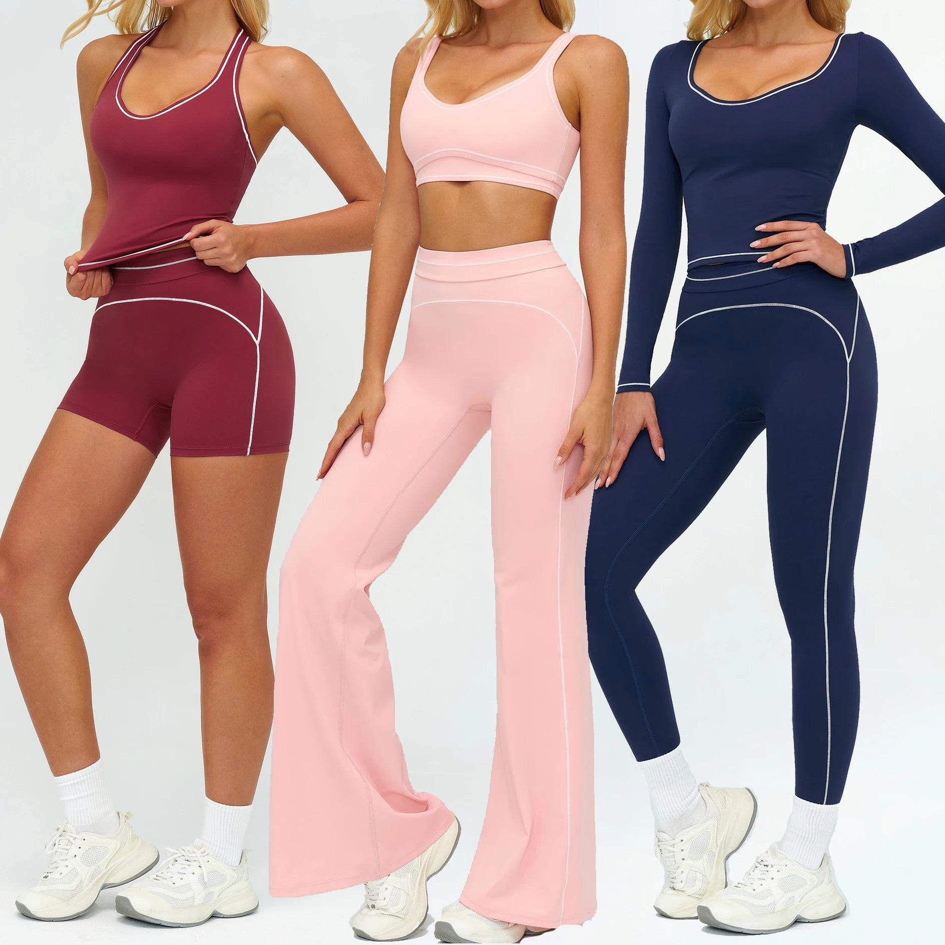 YIYI Wholesale Contrast Piping 3 Design Top Gym Fitness Sets Girl High Waist Athletic Set 6pcs Workout Suit Yoga Wear Sportswear