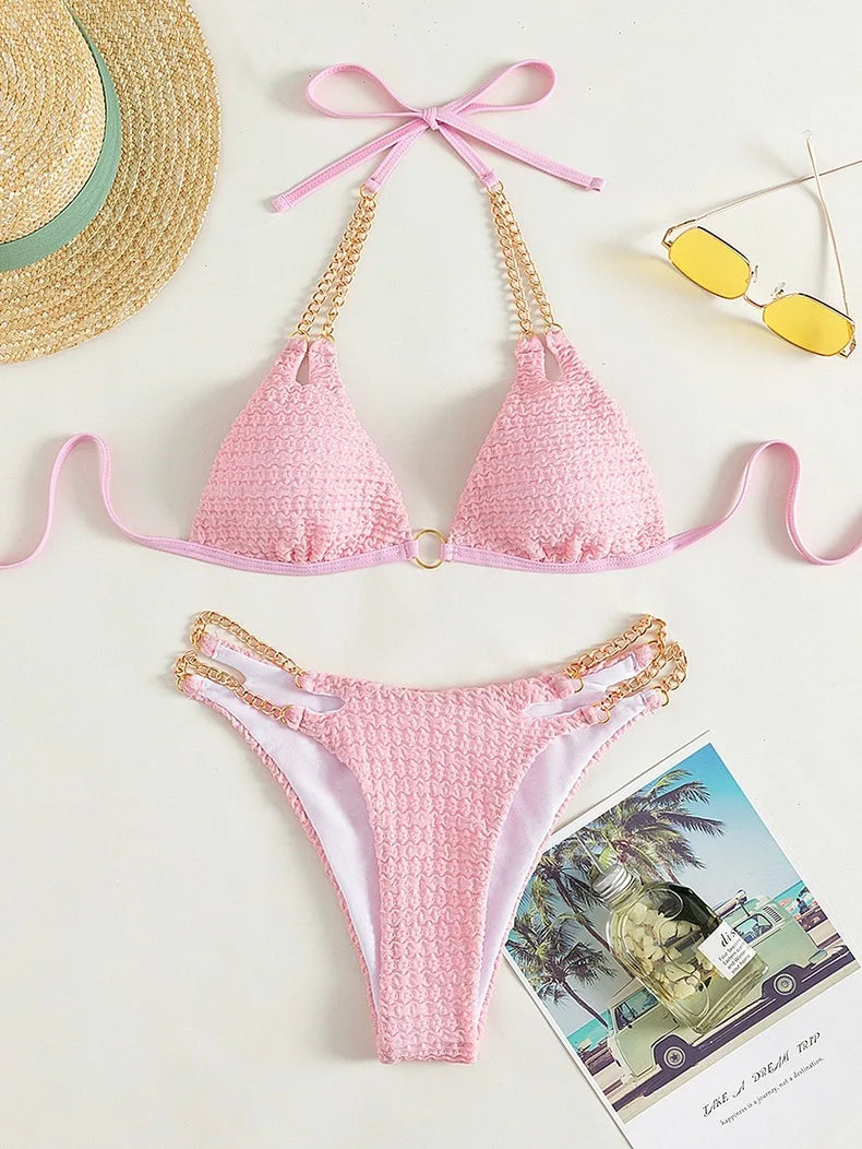 2024 Y2K Swimsuit Women Two Piece Solid Pink Swimwear Bathing Suit Chain Hollow Out Design Luxury Sexy Halter Bikini Beachwear