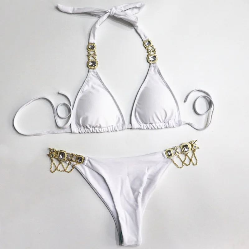 Crystal Diamond Bikini 2024 New Sexy Lace-up Plain Women's Split Swimsuit Golden Accessories Swimsuit Jewelry Swimwear