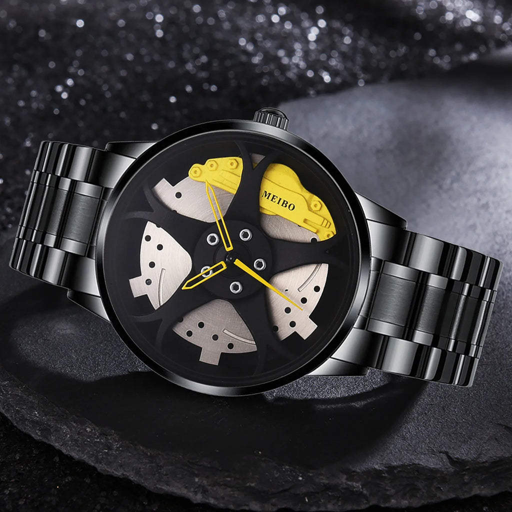 High Quality Unique Sports Wheel Watches Men Wrist Cool 3D Design Black Car Wrist Watch Mw12