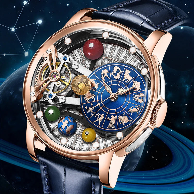 New the Twelve Zodiac Signs Hollow Men's Mechanical Watch  Solar System Elements Planetary Personality Fashion Mechanical Watch