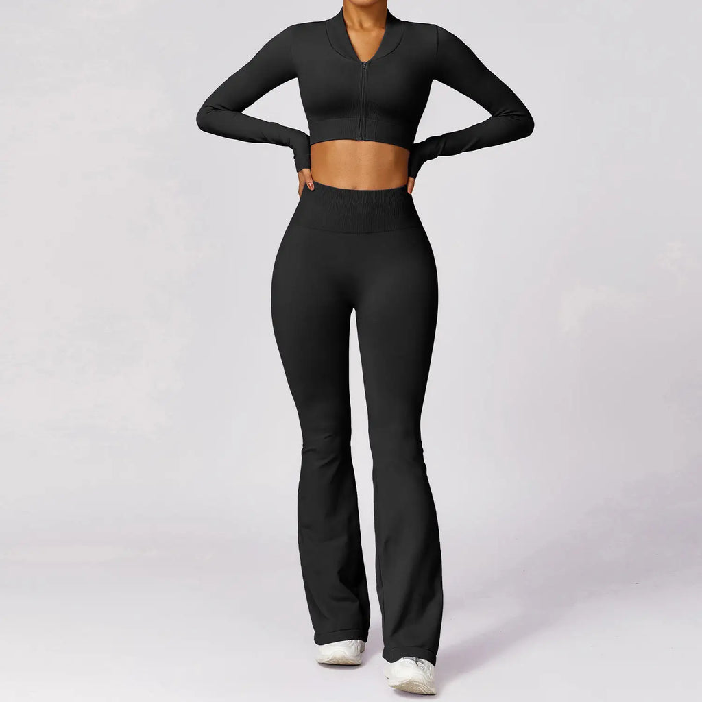 Hot Selling 2024 Women's Compression Stretchy Seamless Scrunch Back Flare Pants Jacket Set Lightweight Breathable Solid Pattern