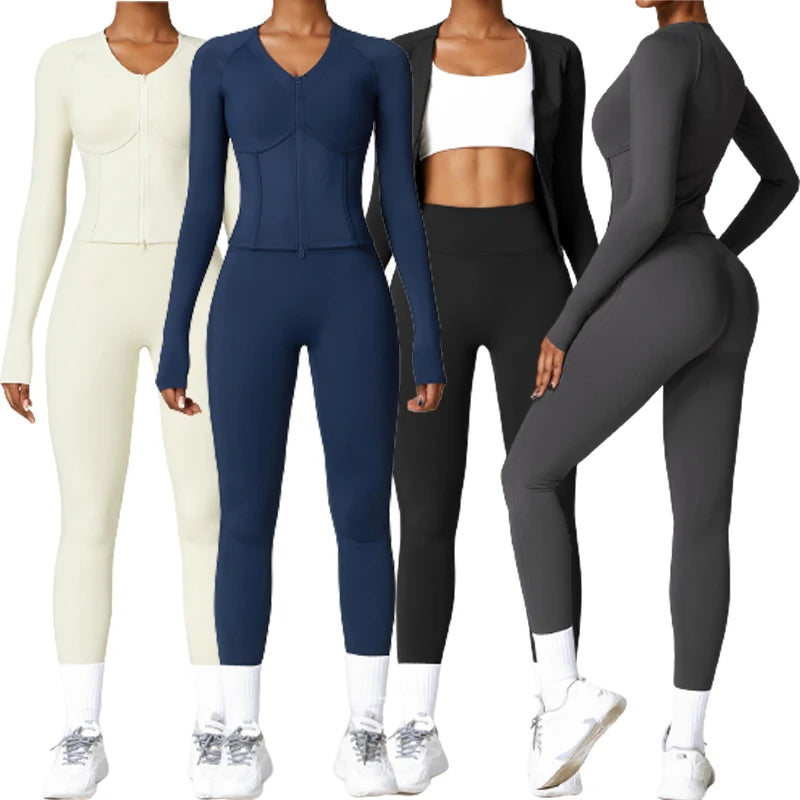 Wholesale Yoke Knitted High Stretch Yoga 2-Piece Set Slimming Fit Long Sleeve Leggings with Zipper & Breathable Neck Crop Top