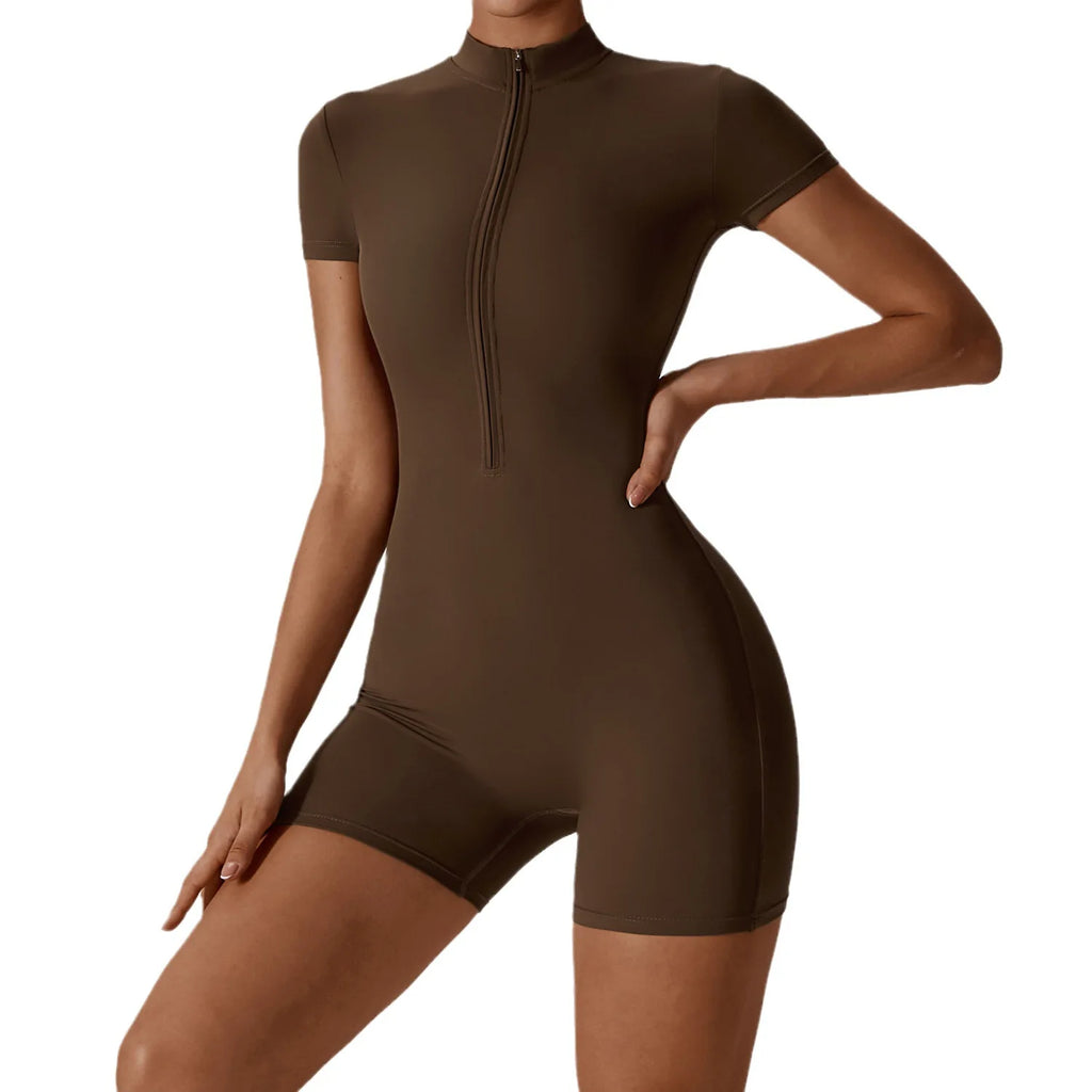 Women's Athletic Yoga Jumpsuit Short Sleeve Sports Romper with Workout Shorts Bodysuits for Fitness Exercise