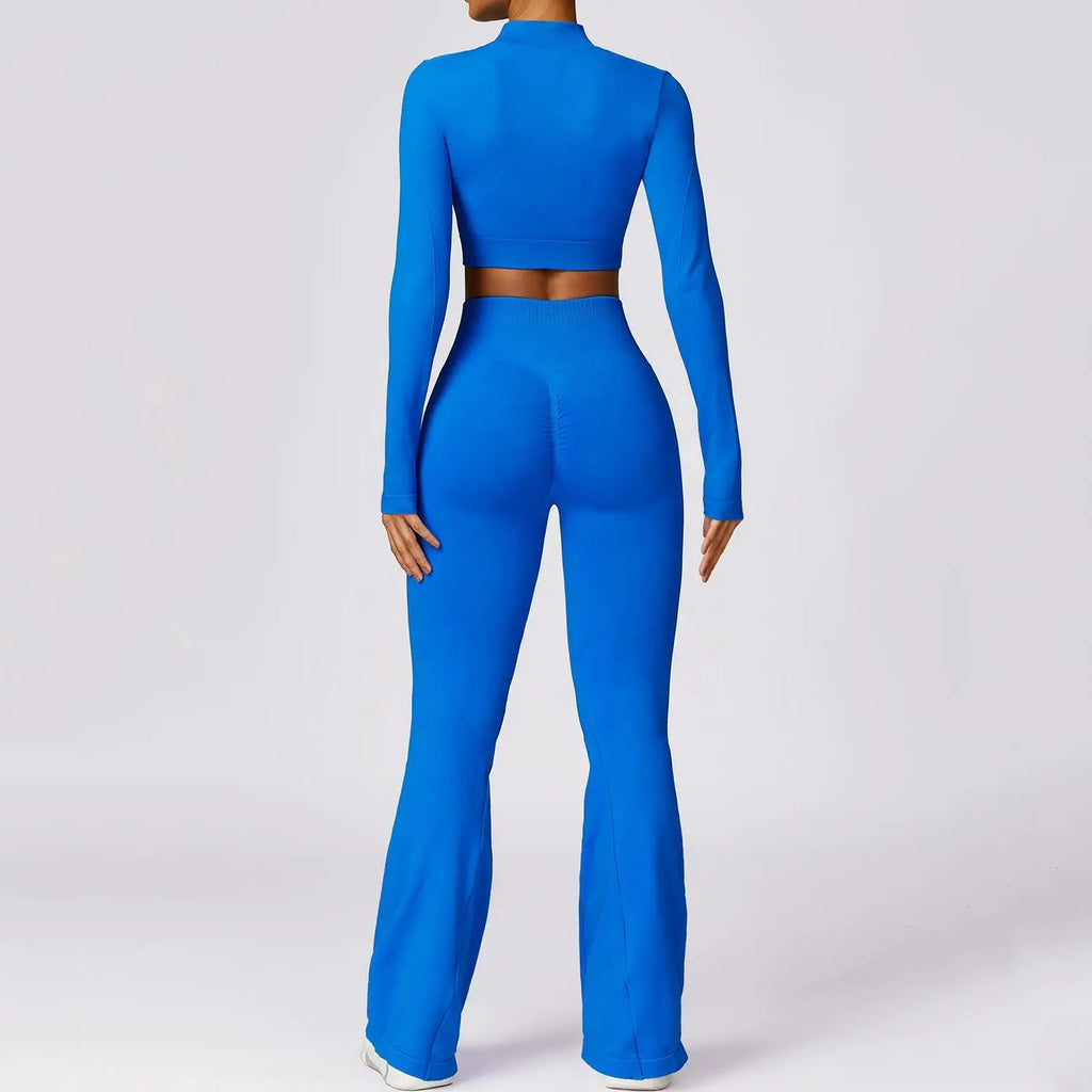 Hot Selling 2024 Women's Compression Stretchy Seamless Scrunch Back Flare Pants Jacket Set Lightweight Breathable Solid Pattern
