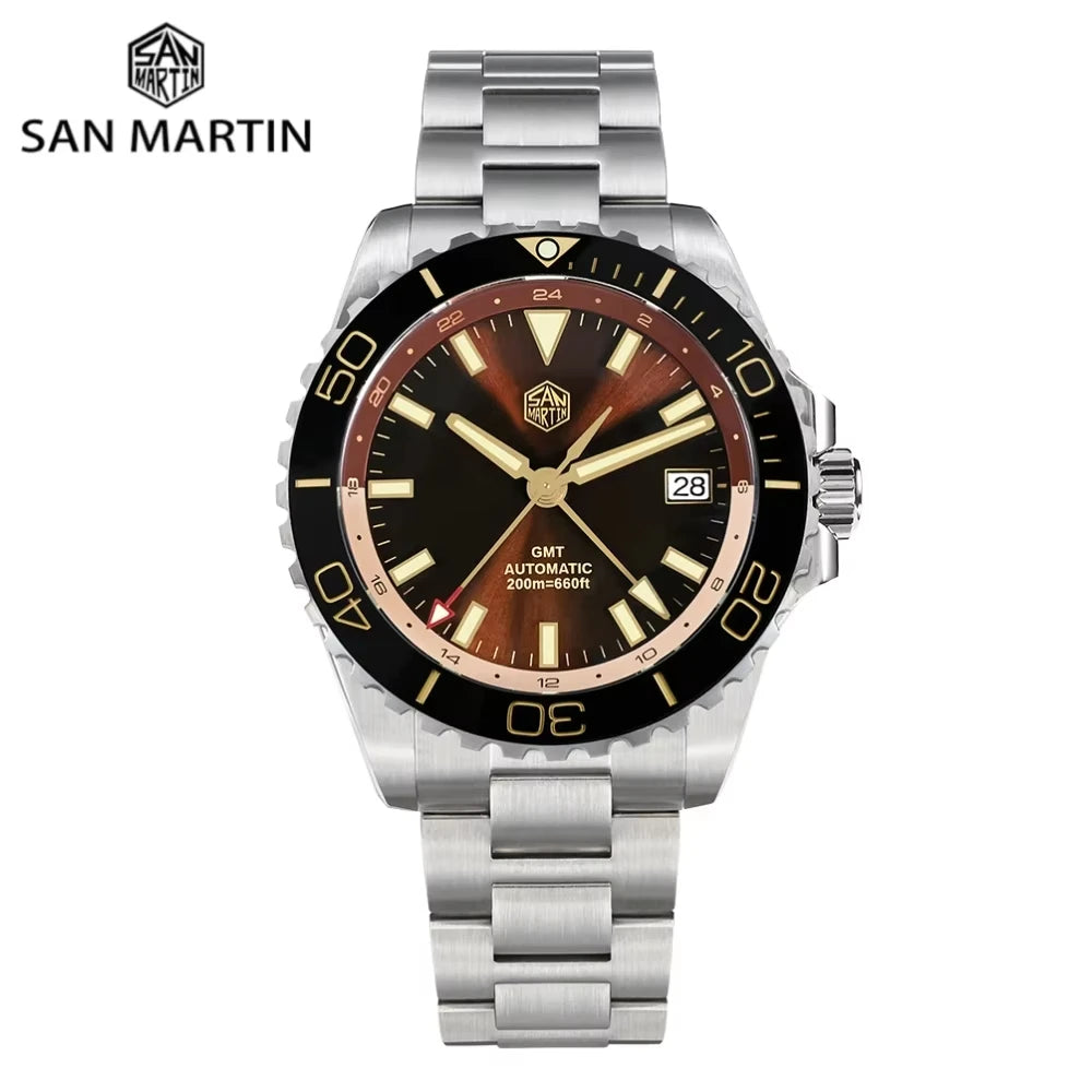 San Martin SN0136 39mm Retro Enamel Sunray Dark Brown Dial Men Automatic NH34 GMT Watch 20Bar Wristwatch SLN C3 Green Dive