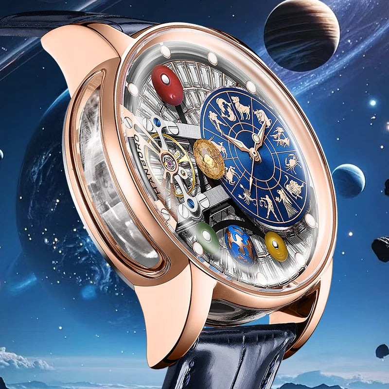 New the Twelve Zodiac Signs Hollow Men's Mechanical Watch  Solar System Elements Planetary Personality Fashion Mechanical Watch