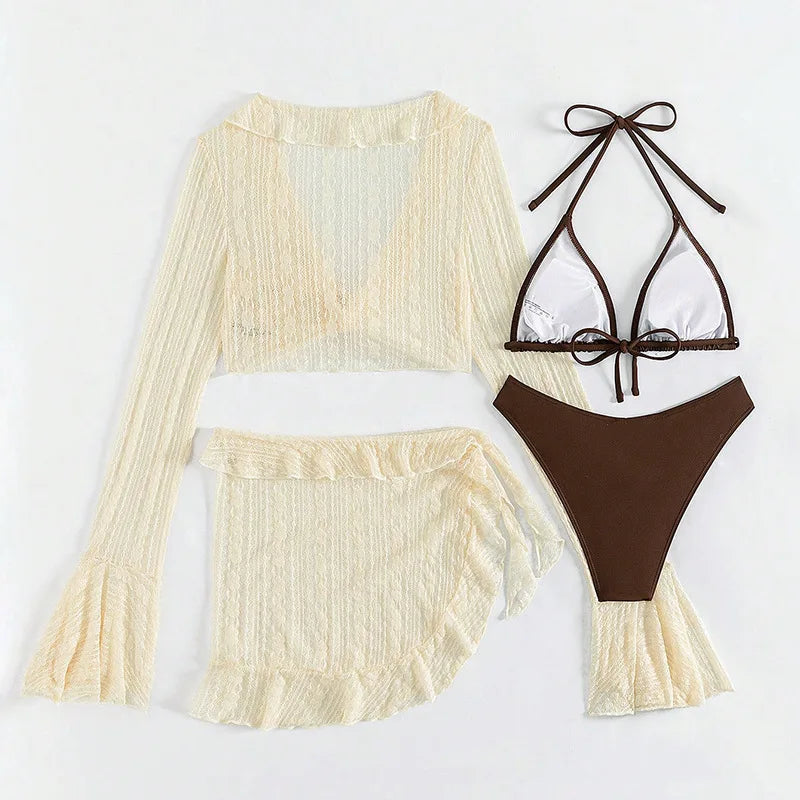 XCRFD-SGX-YXY23243 Eco Friendly Swimwear Ladies Solid Color Four Piece Bikini Suit Women's Beachwear