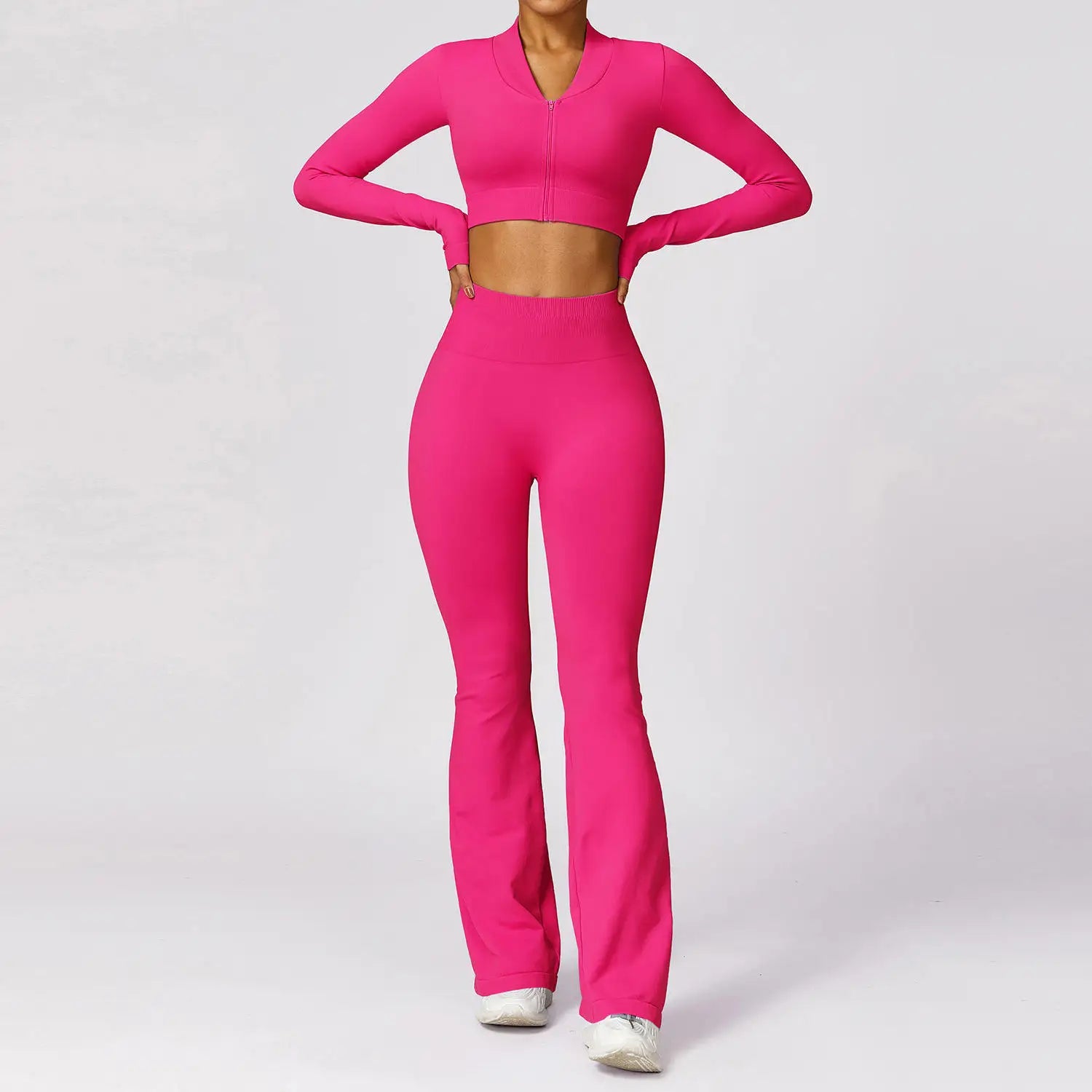 Hot Selling 2024 Women's Compression Stretchy Seamless Scrunch Back Flare Pants Jacket Set Lightweight Breathable Solid Pattern