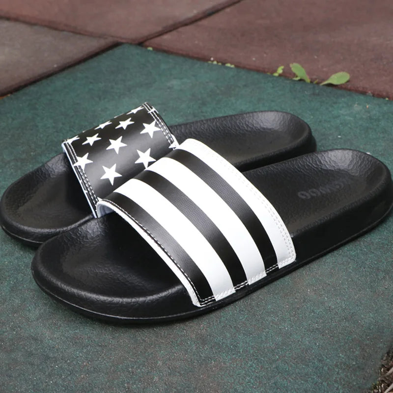 Mens Slides Flat Flip Flop Non-Slip Designer Striped Sandals Home Slippers Male Fashion Slides Casual House Pool Footwear