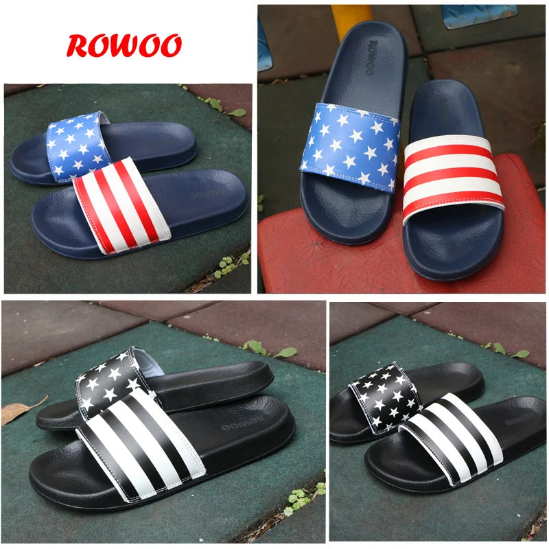 Mens Slides Flat Flip Flop Non-Slip Designer Striped Sandals Home Slippers Male Fashion Slides Casual House Pool Footwear