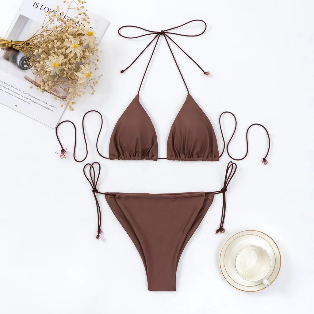 DYRX-Y1867 Eco Friendly Sexiness Swimwear Ladies Sexy Bikini Suit Solid Color Triangle Bikini Top Matching Color Bikini Sets