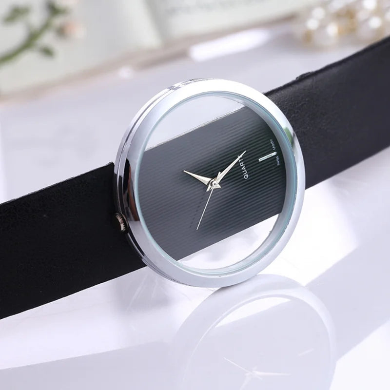 Transparent Skeleton Dial Women's Watch, Elegant Casual Leather Strap Women's Quartz Watch, Minimalist Fashion Gift