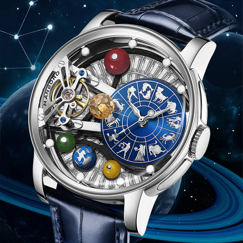 New the Twelve Zodiac Signs Hollow Men's Mechanical Watch  Solar System Elements Planetary Personality Fashion Mechanical Watch