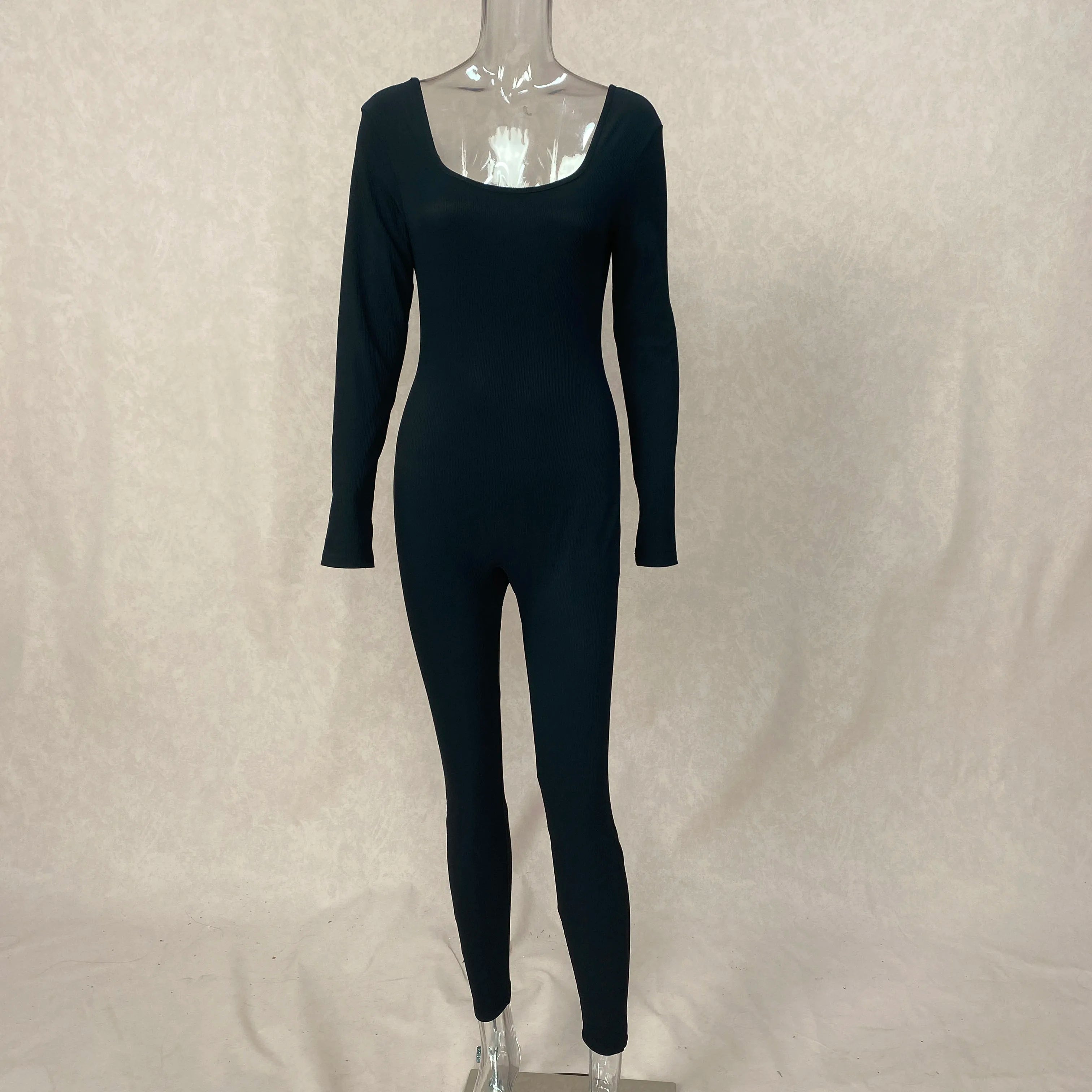 New Fabric High Quality Sexy U Neck Long Sleeve Bodycon High Stretch Ribbed Jumpsuit Women's Fitness Jumpsuit