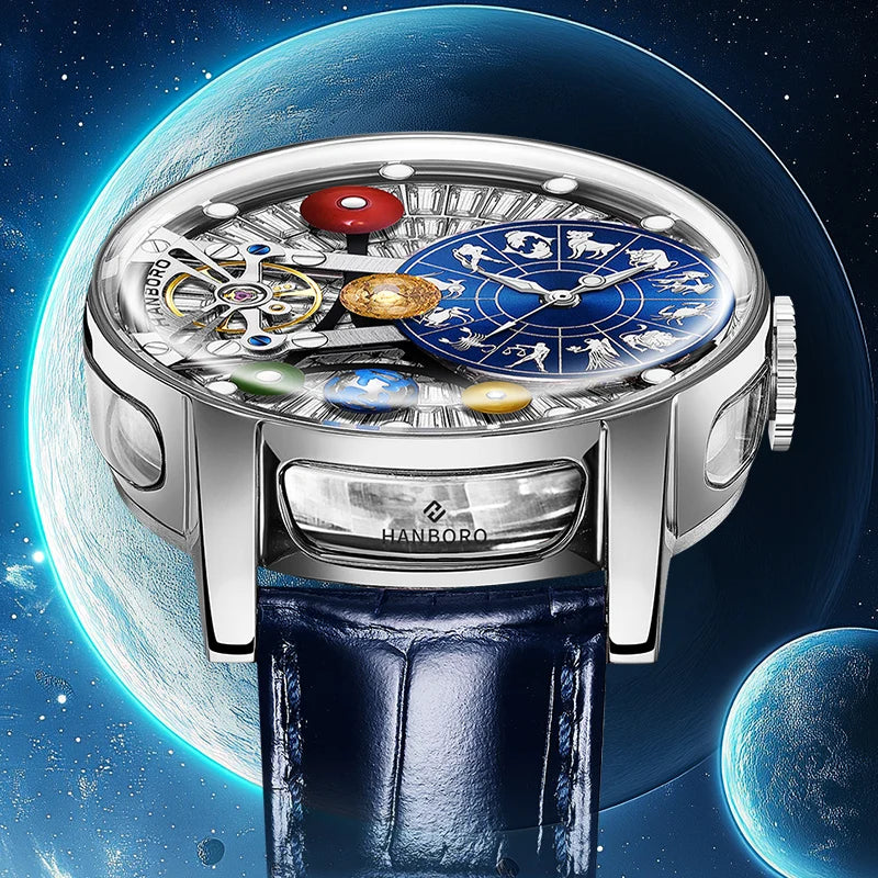 New the Twelve Zodiac Signs Hollow Men's Mechanical Watch  Solar System Elements Planetary Personality Fashion Mechanical Watch