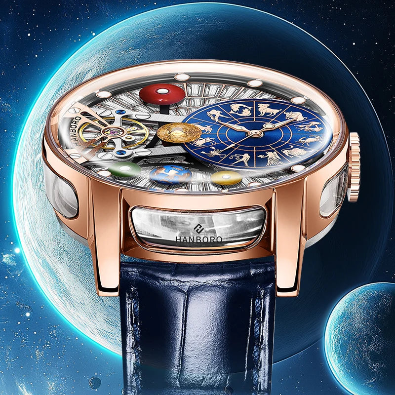 New the Twelve Zodiac Signs Hollow Men's Mechanical Watch  Solar System Elements Planetary Personality Fashion Mechanical Watch