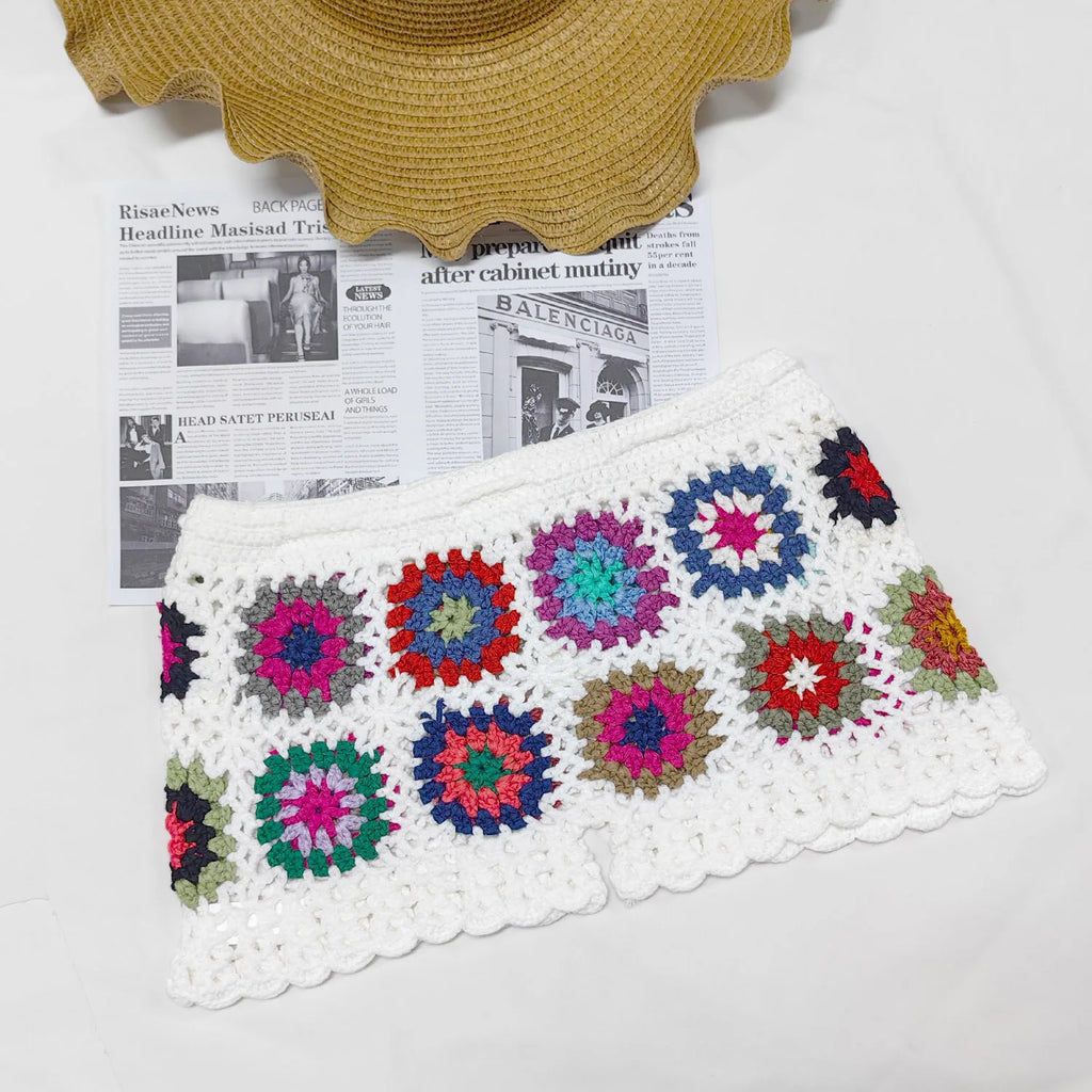 Factory Women Granny Square Crochet Beach Shorts Bottoms Cover up Waist Tie
