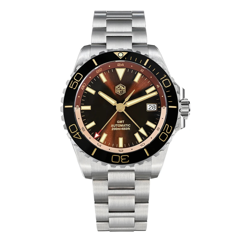 San Martin SN0136 39mm Retro Enamel Sunray Dark Brown Dial Men Automatic NH34 GMT Watch 20Bar Wristwatch SLN C3 Green Dive