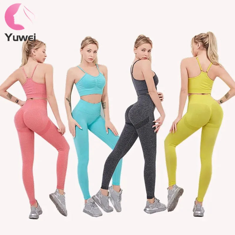 High Waist Seamless Yoga Set with Breathable Nylon Spandex Leggings and Sports Bra Solid Pattern