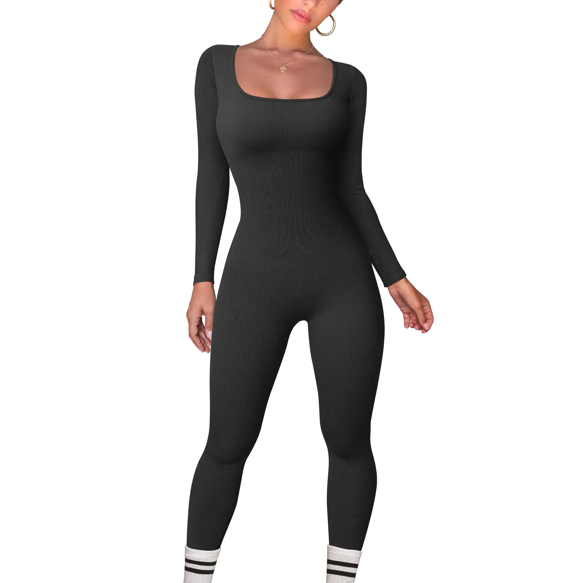 New Fabric High Quality Sexy U Neck Long Sleeve Bodycon High Stretch Ribbed Jumpsuit Women's Fitness Jumpsuit