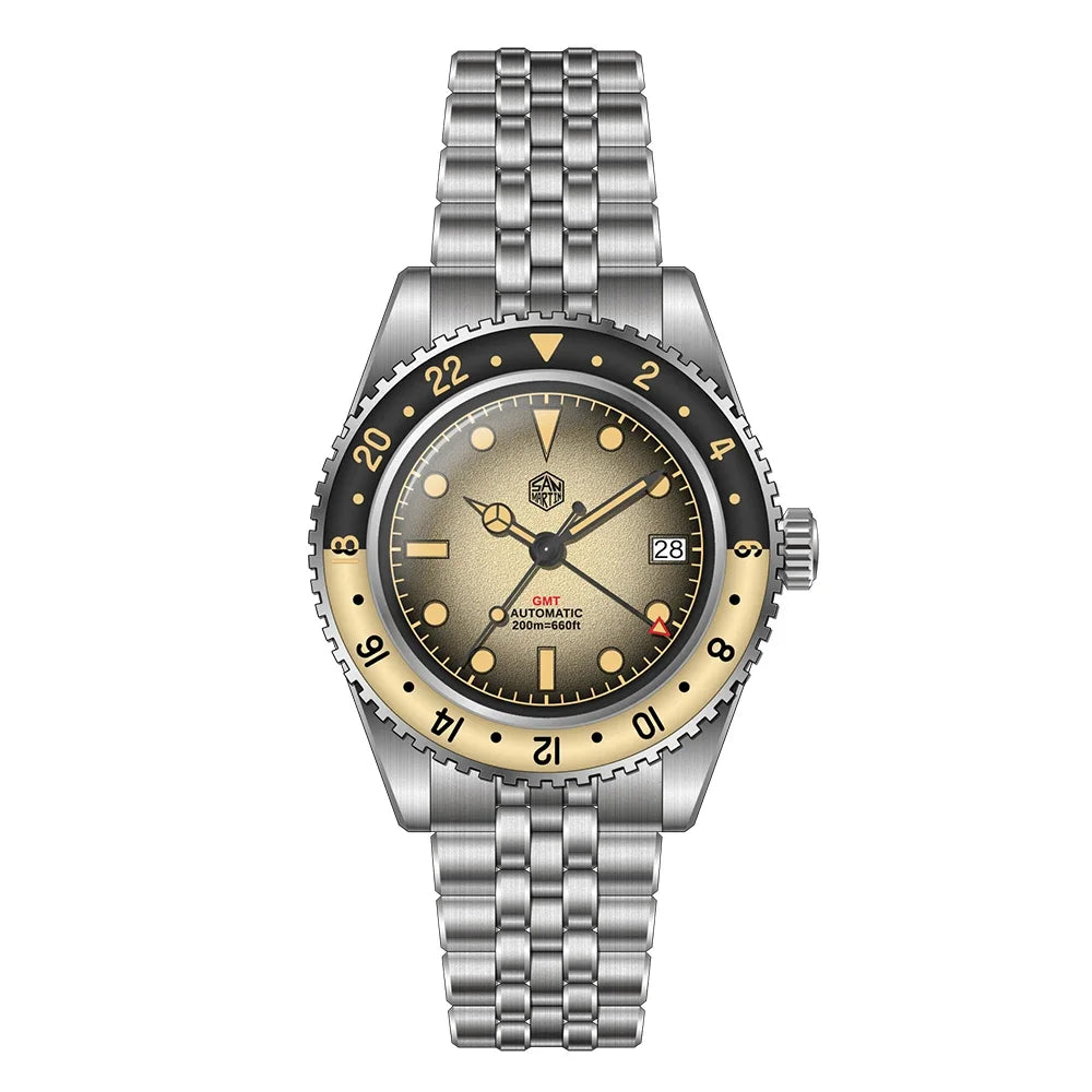 San Martin SN0134 40mm NH34 Retro Gradient Color Dial Men's GMT Watch Automatic Mechanical Sapphire Bezel 20Bar C3 Green