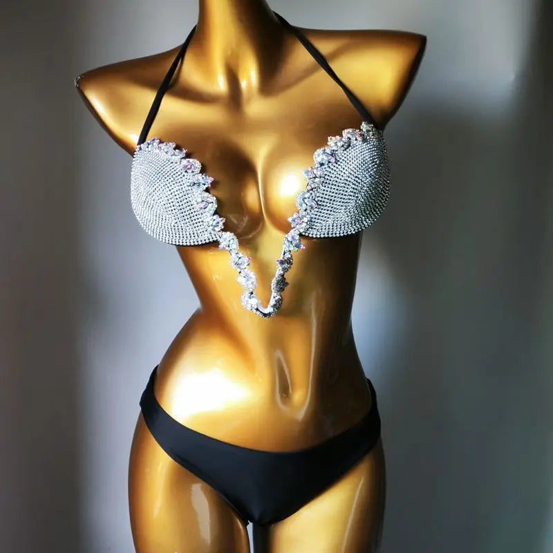 2024 Sexy Halter Crystal Bikini Women Push up Honey Moon Beachwear Luxury Diamond Fashion Show Bikini Sets Rhinestone Swimwear