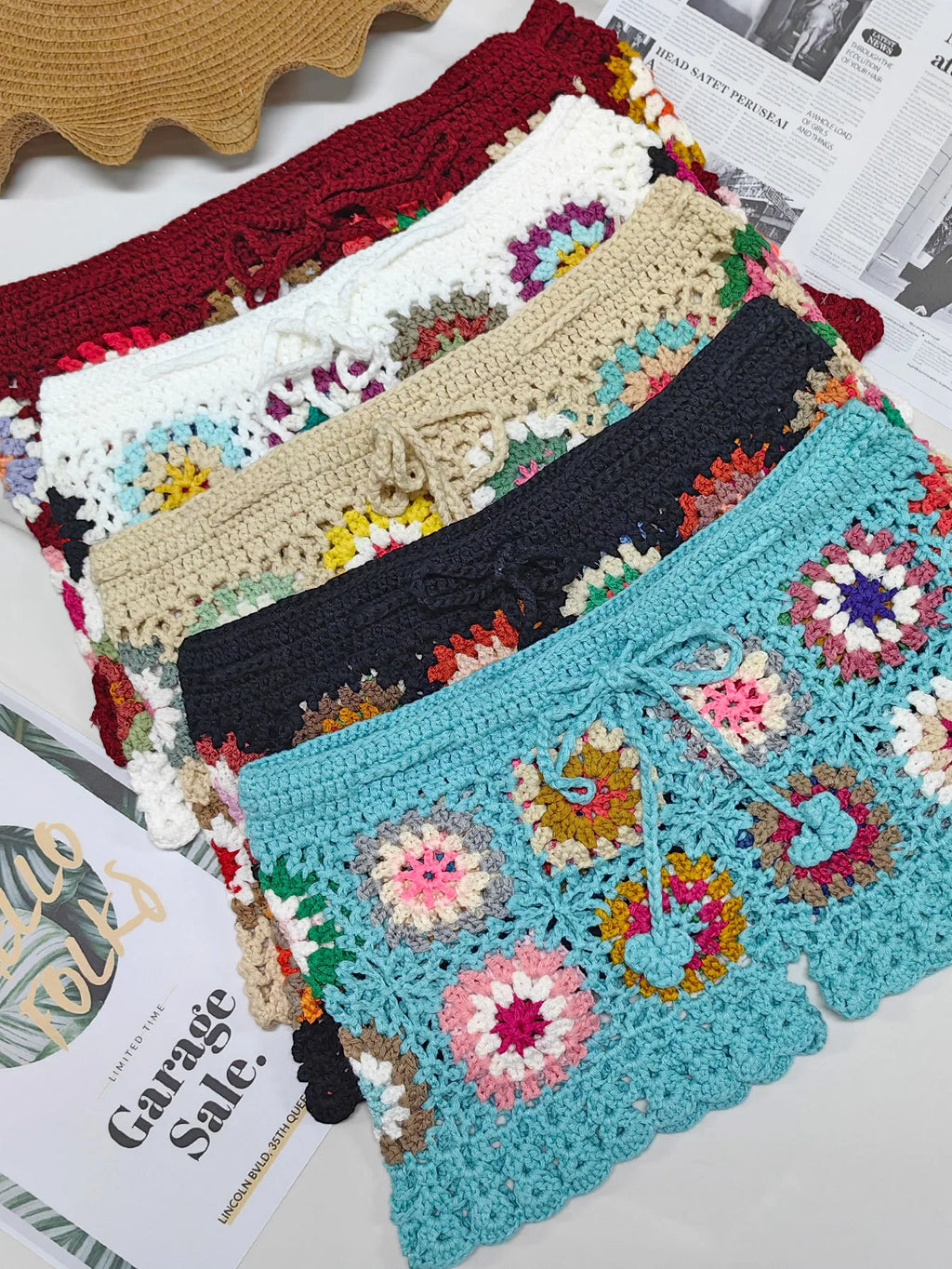 Factory Women Granny Square Crochet Beach Shorts Bottoms Cover up Waist Tie