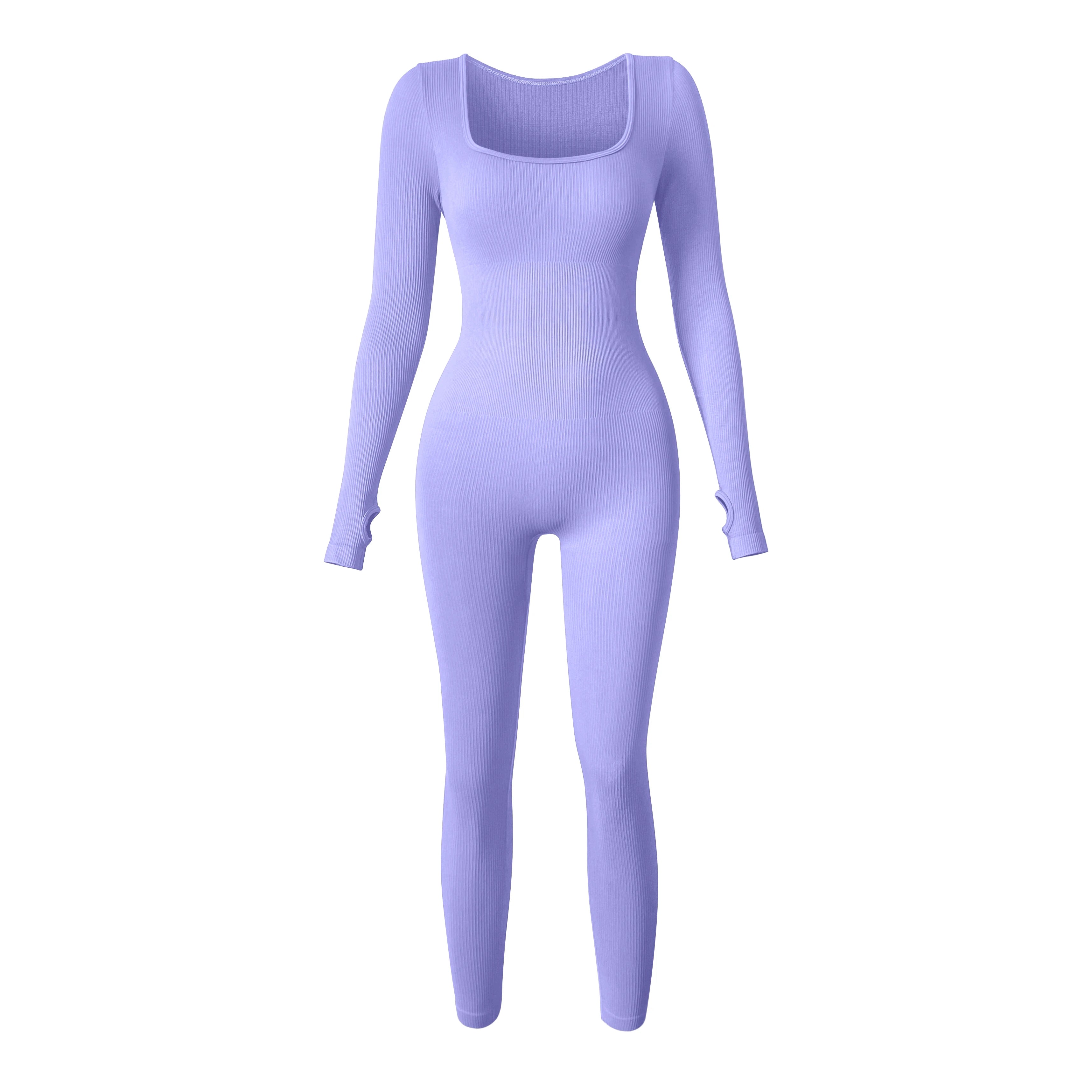 New Fabric High Quality Sexy U Neck Long Sleeve Bodycon High Stretch Ribbed Jumpsuit Women's Fitness Jumpsuit